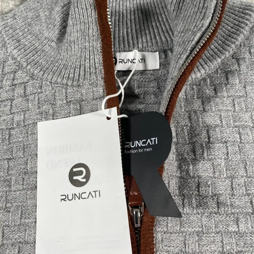 Runcati Sweater Mens Large Gray 1/4 Zip Mock Neck Waffle Knit Pullover Casual